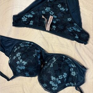 Victoria’s Secret Teal Floral Lace Bra & Panty Set | 34DD Bra, Medium Panty